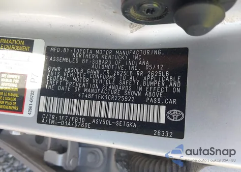 2012 Toyota Camry Xle from USA, damaged, VIN 4T4BF1FK1CR225922